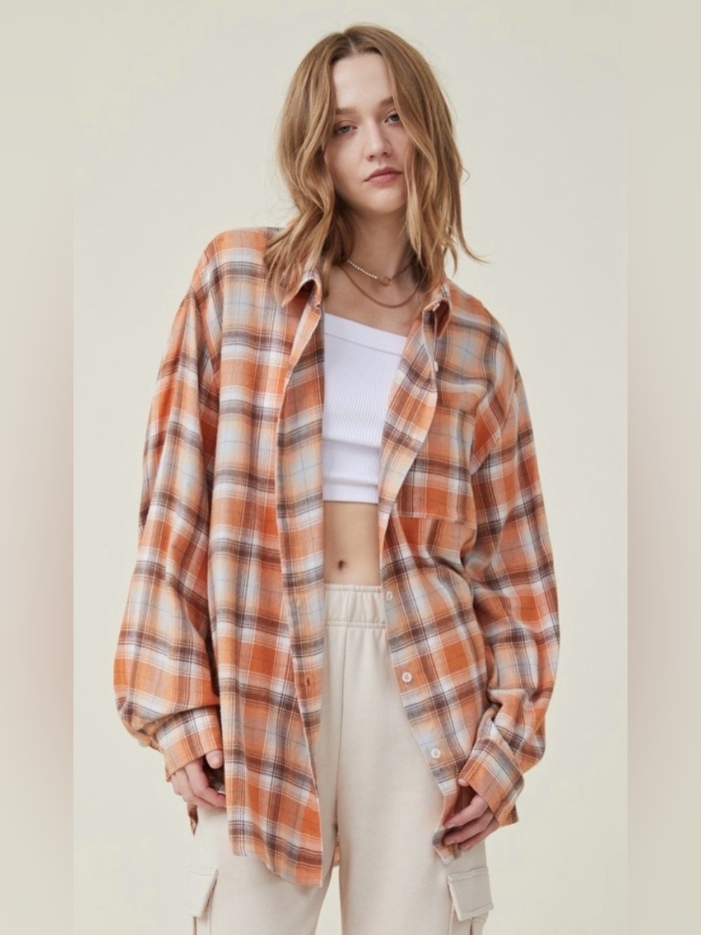 Cotton On Boyfriend Plaid Oversized Shirt Orange Brown Grunge Cabincore SZ M NWT